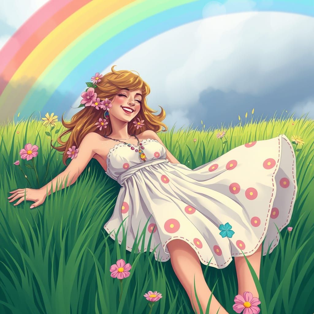 Ethereal Hippie Goddess in a Vibrant Rainbow Meadow
