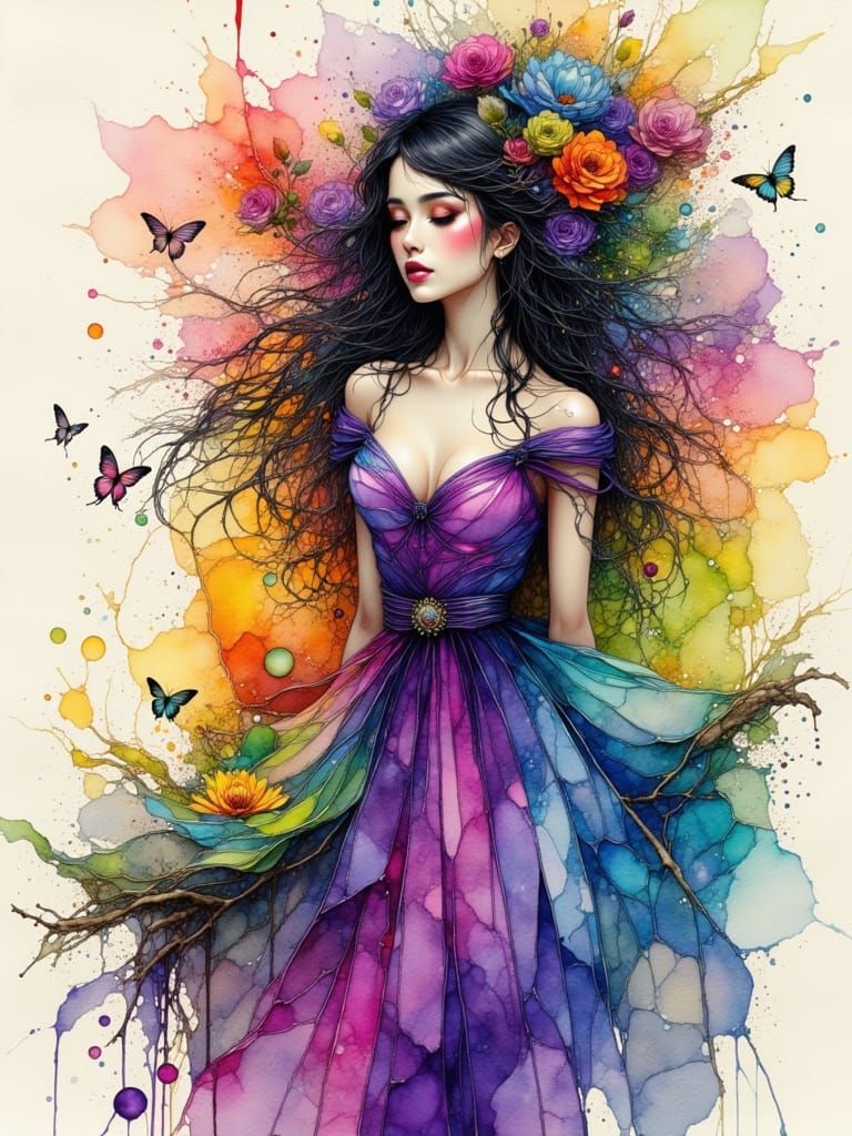 Watercolor Portrait of Beautiful Woman in Fantasy Landscape