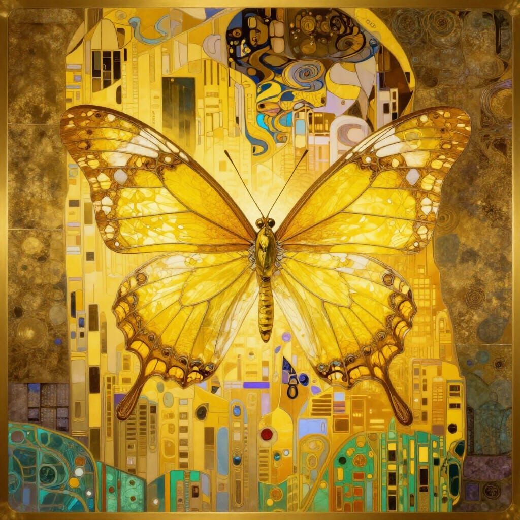 Art Nouveau Yellow Butterfly in Golden Cityscape