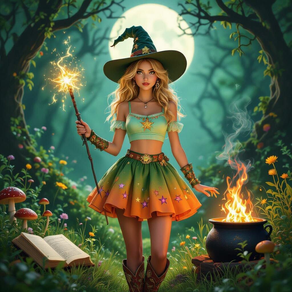 Elegant Witch in Magical Forest, Cinematic Fantasy Art