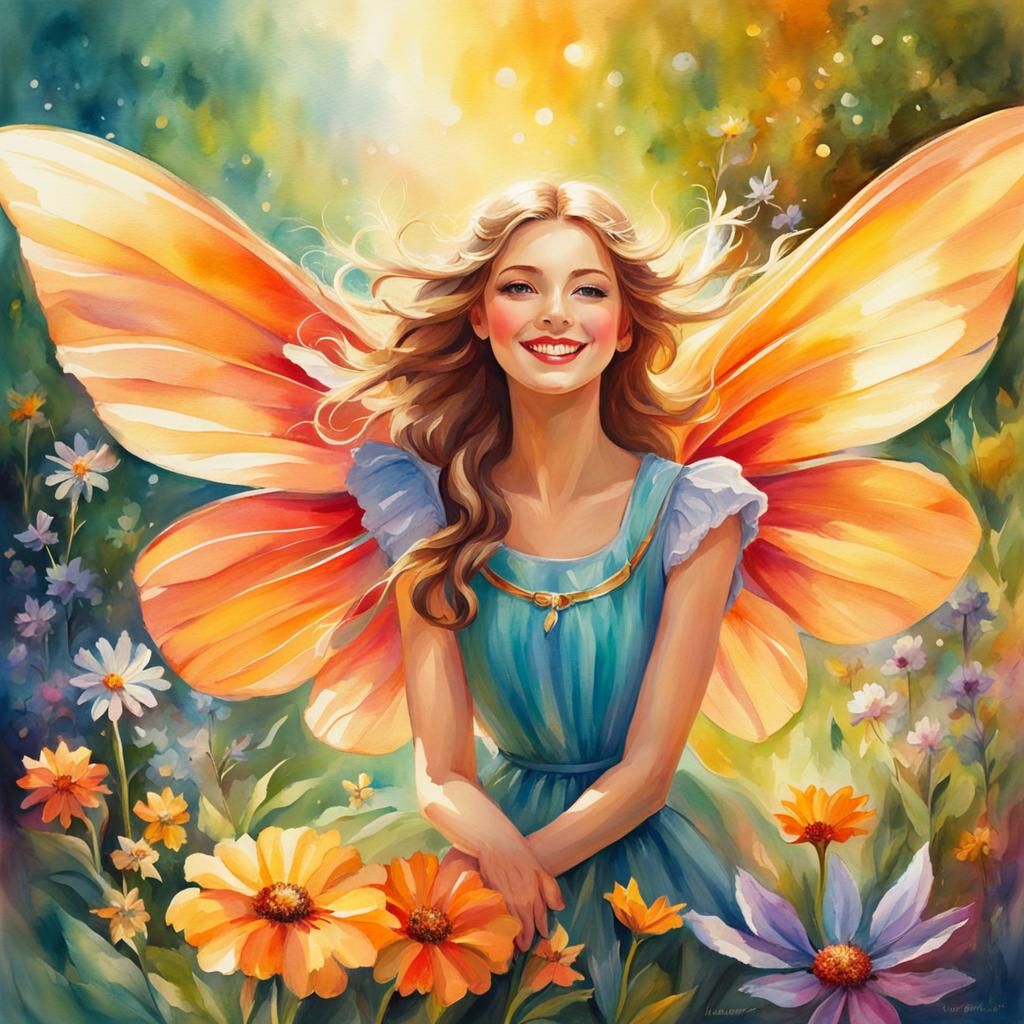 Fairy Smiling over Colorful Flower in Watercolor Style