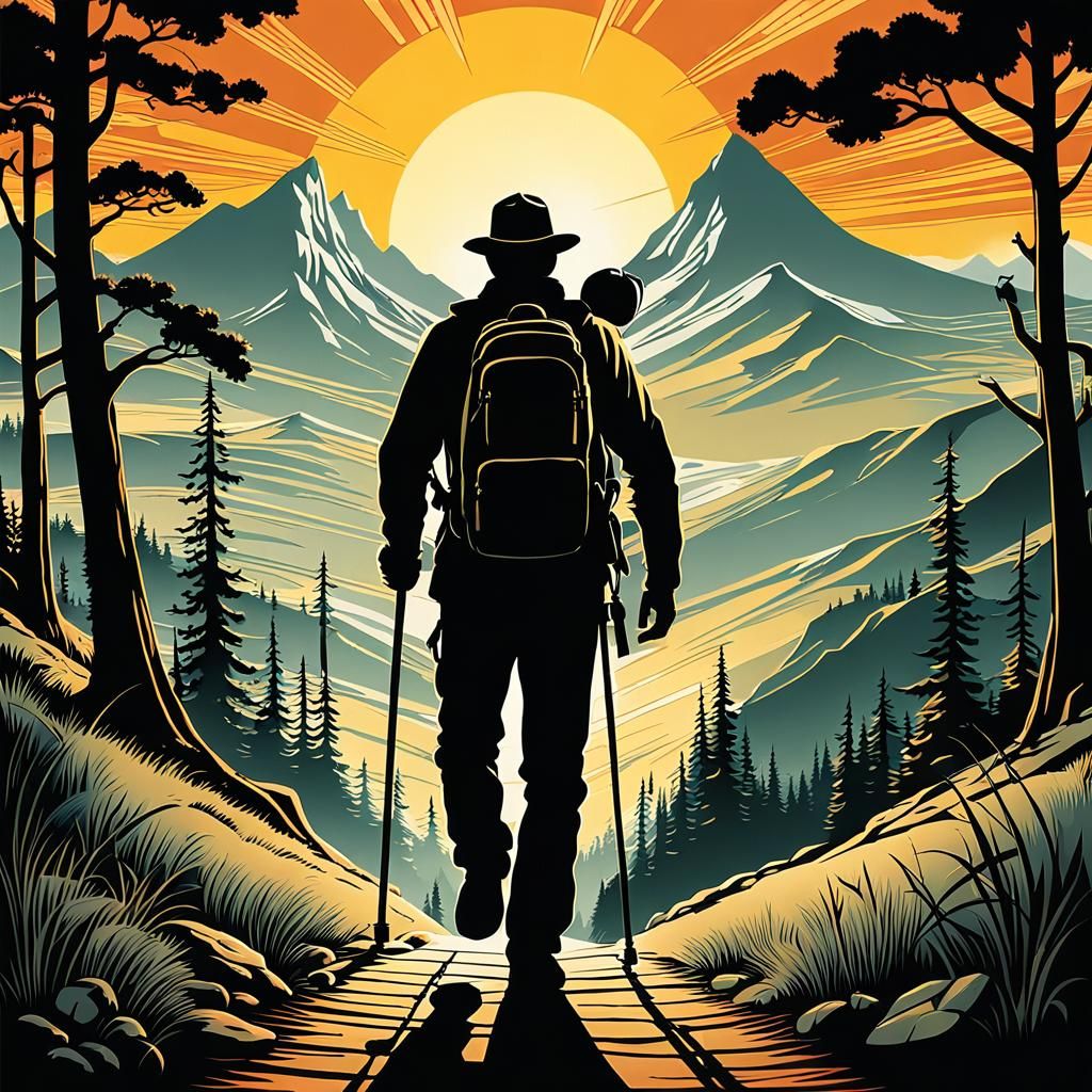 Retro Hiker Silhouette Against Rising Sun