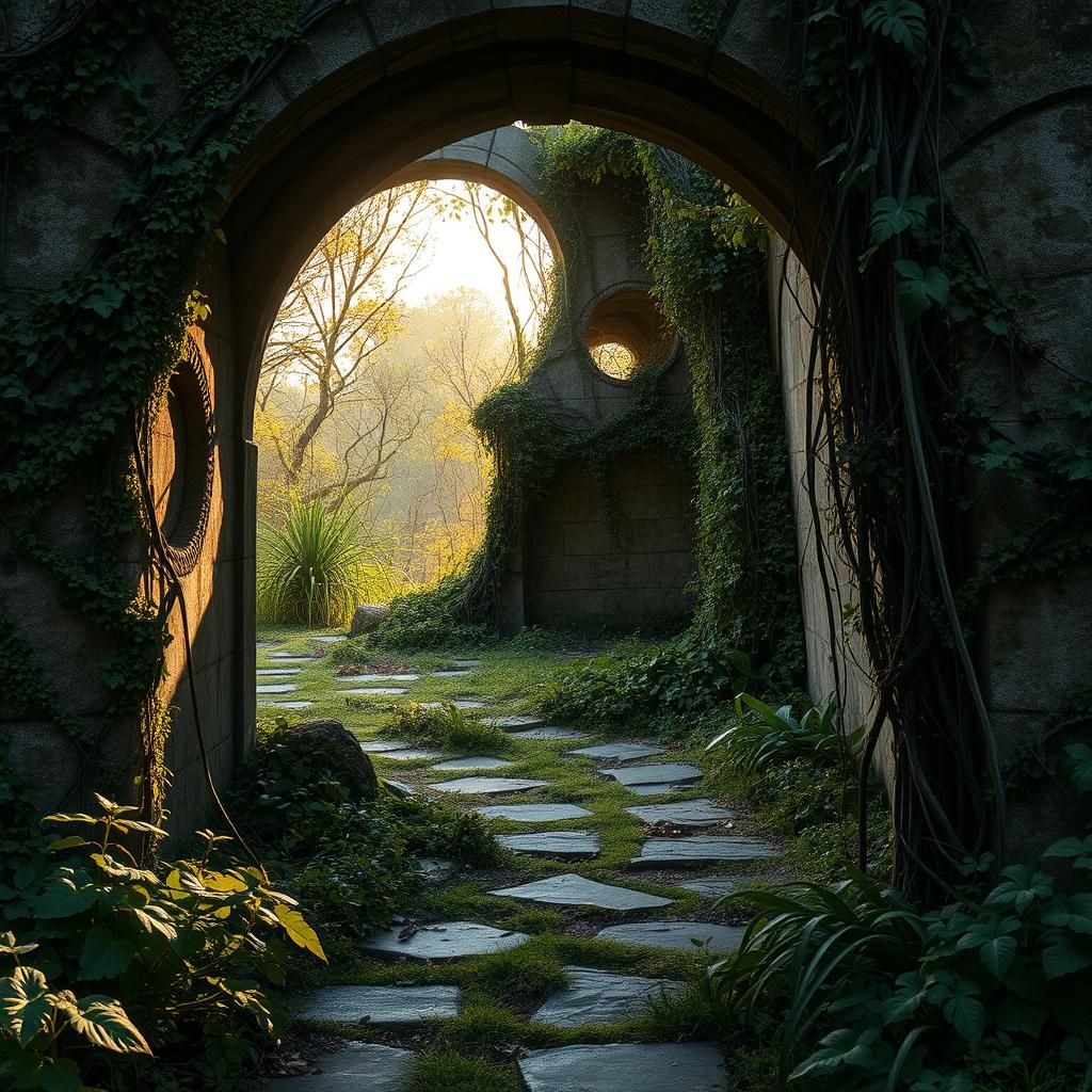 Overgrown Pathway Through Abandoned Archway
