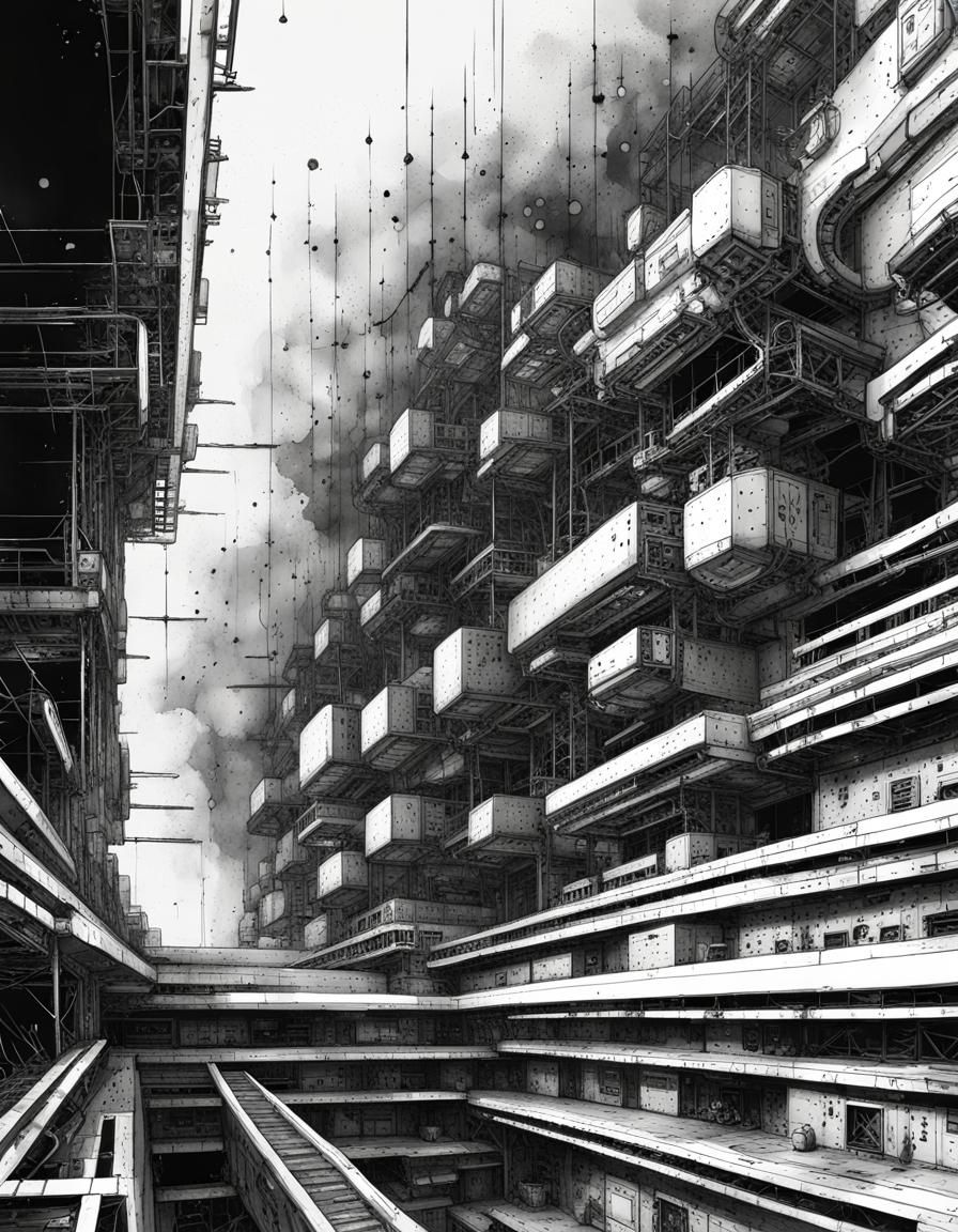 Sci-Fi Space Station Wall in Ink Painting Style