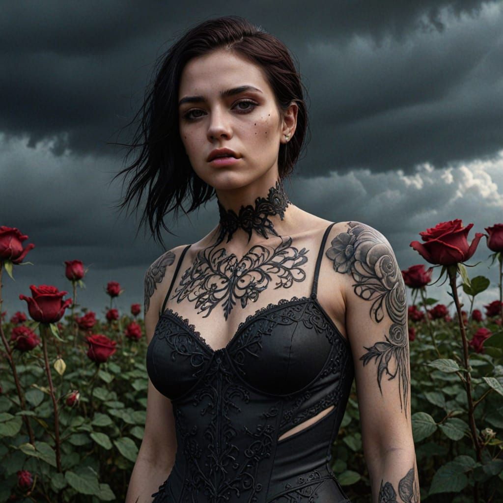 Ethereal Woman with Dark Tattoos in Wilting Rose Field