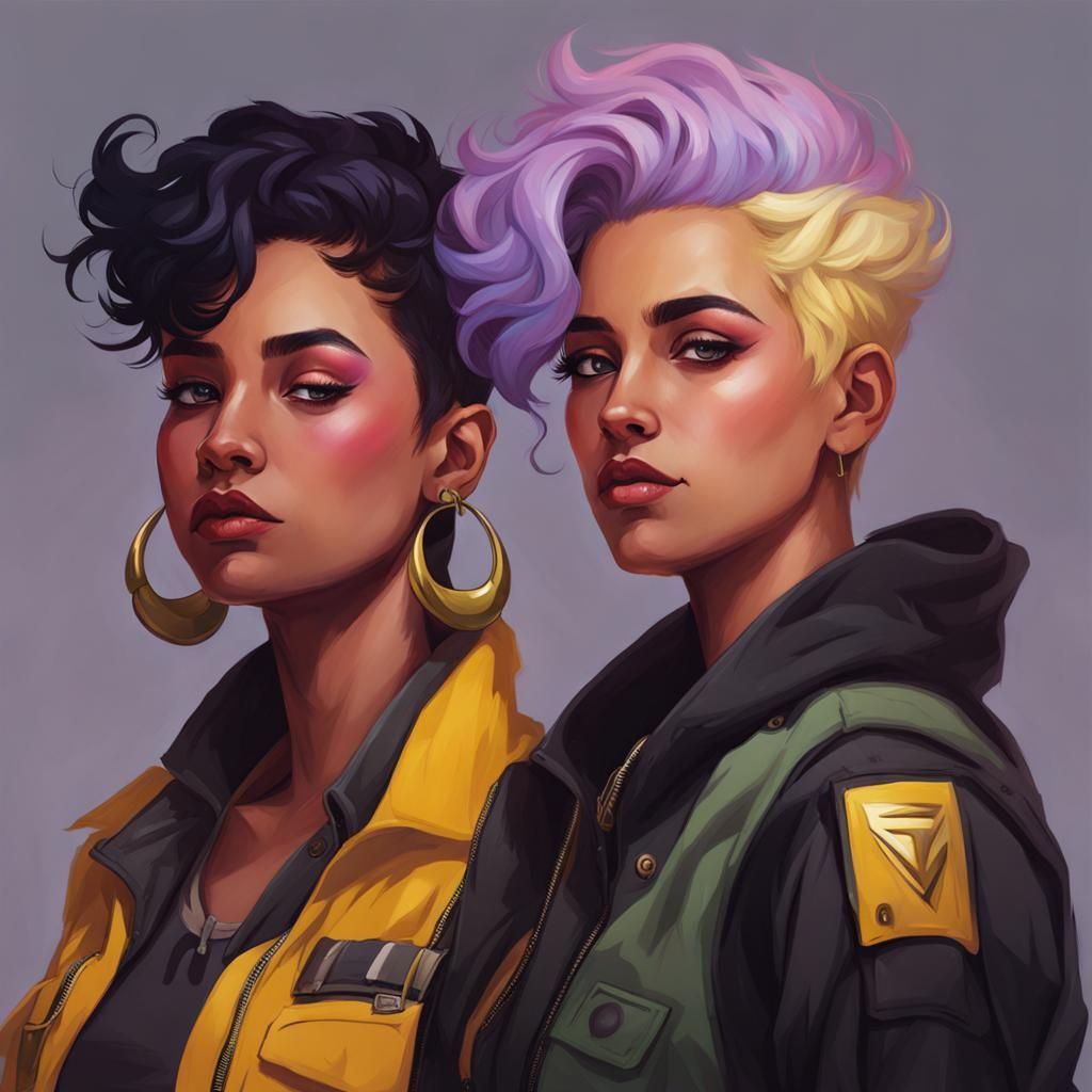 Nonbinary Lesbian Couple in Concept Art Style