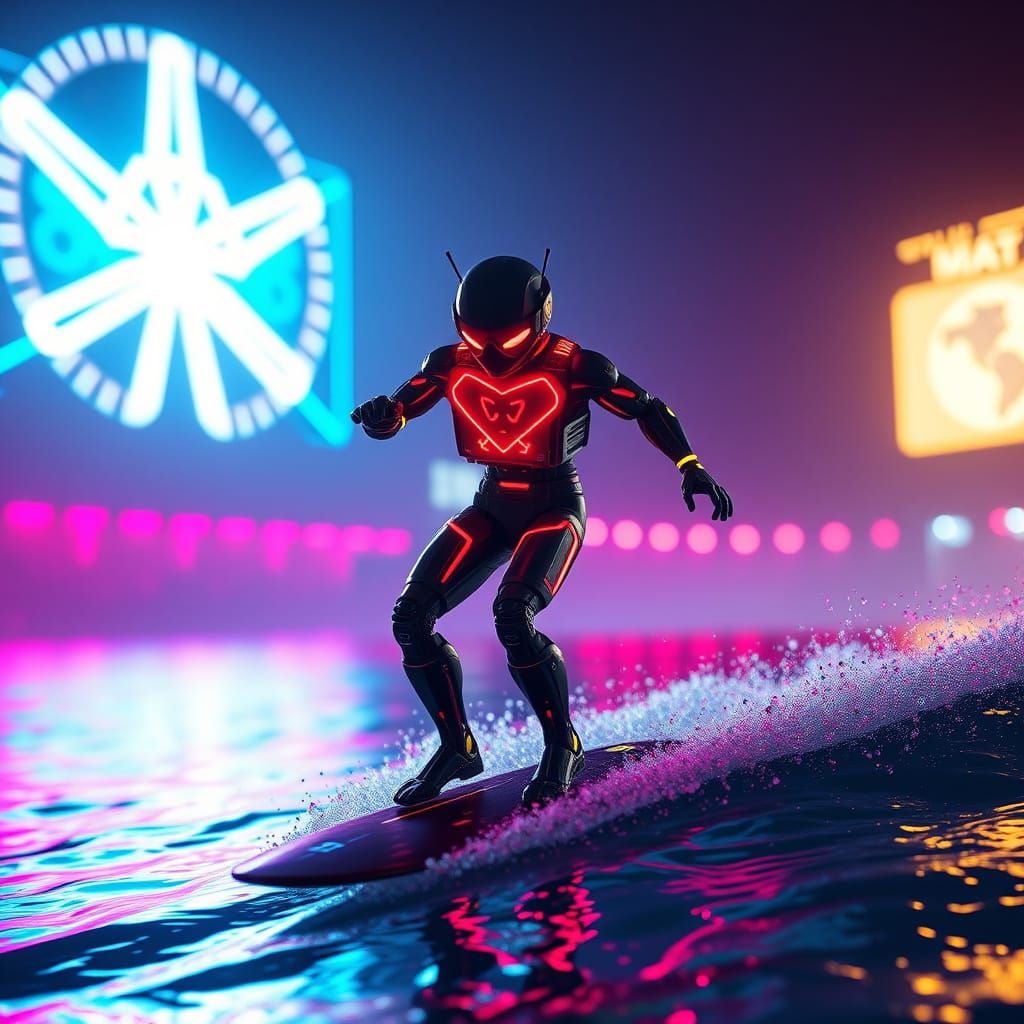 Cybernetic Surfer Ignites Hyper-Realistic Neon Arena