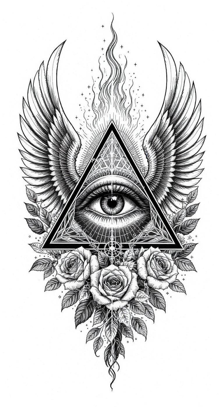 All-Seeing Eye Tattoo Design with Roses and Wings