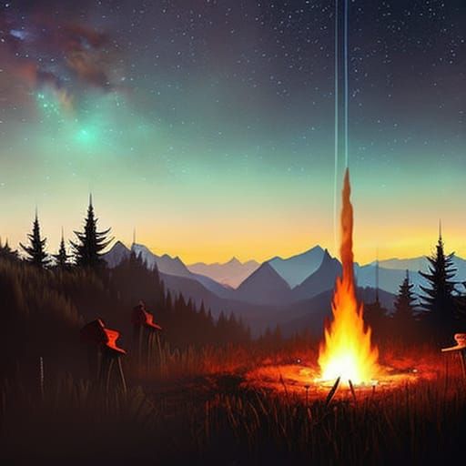 Bioluminescent Forest Campfire Under the Stars