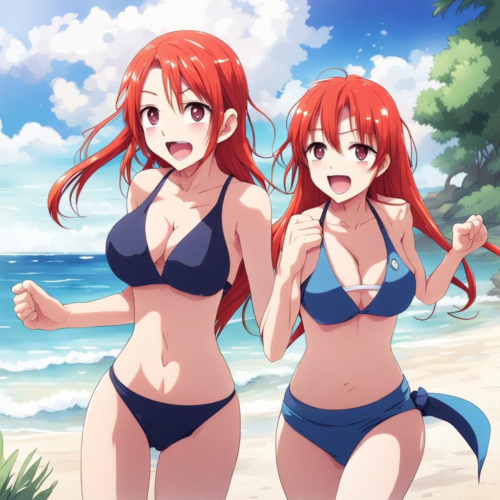 Two Girls in Swimsuits on Beach in Anime Style