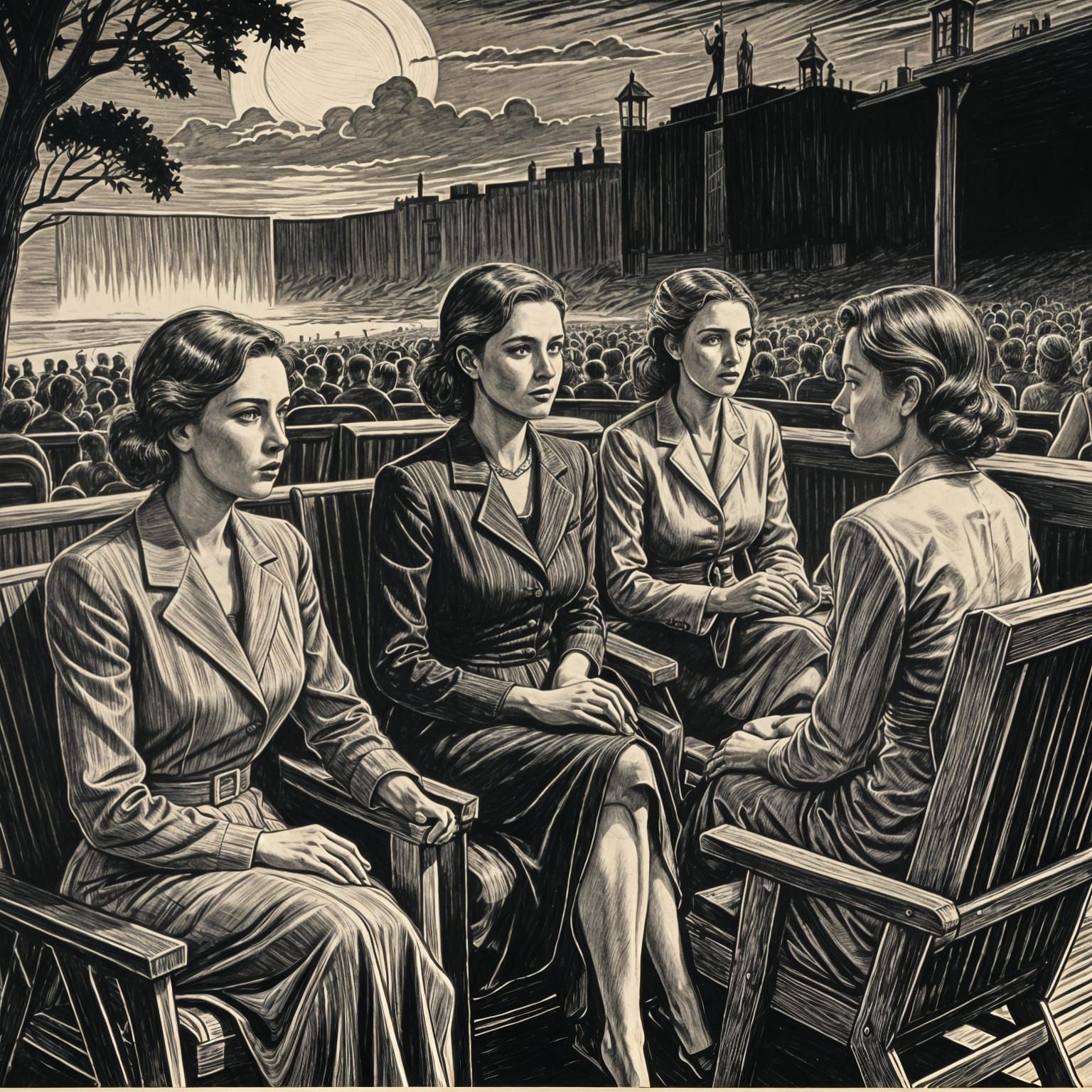 Women at Drive-In Movie in Woodcut Style