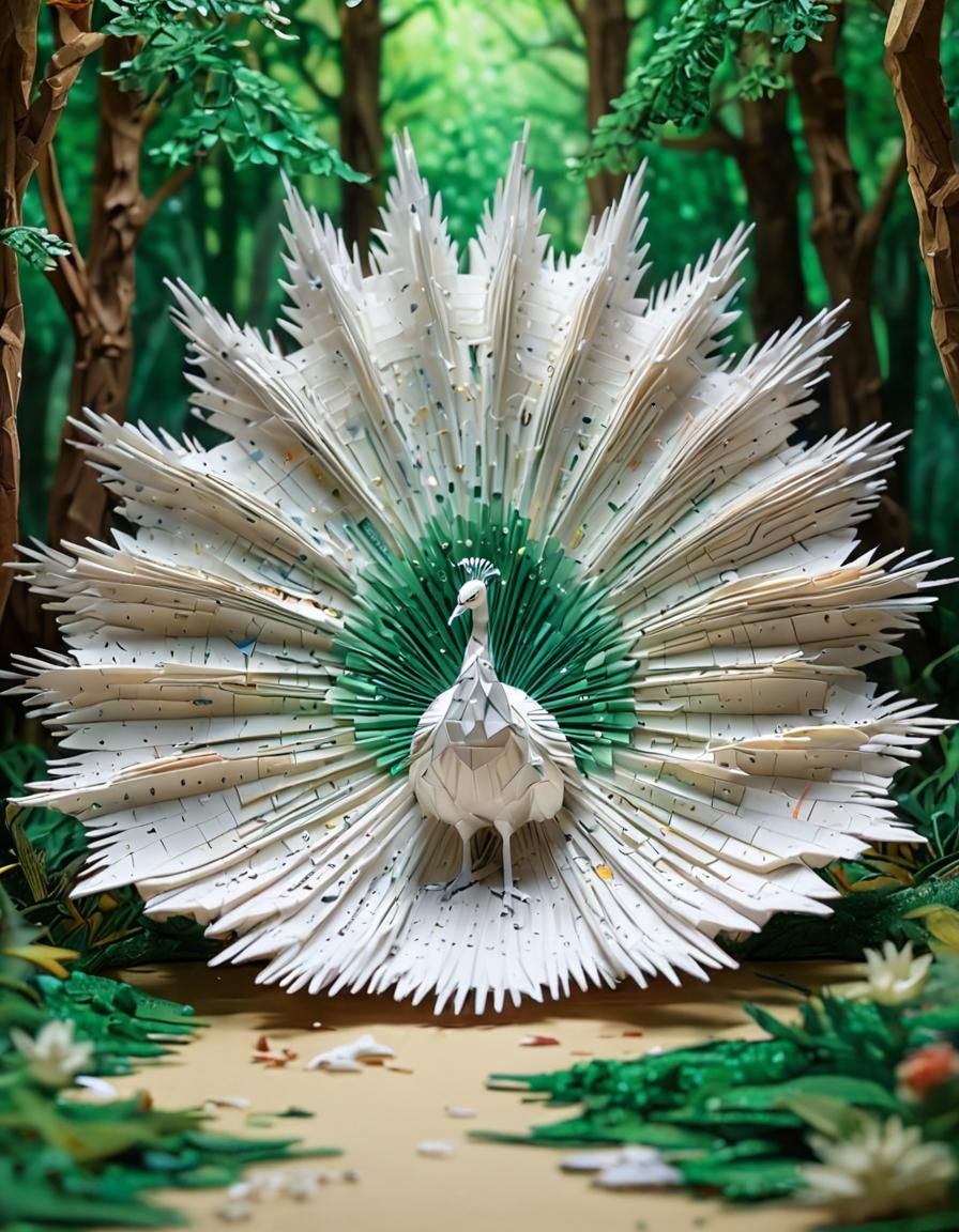 Dancing White Peacock Sculpture in Emerald Forest