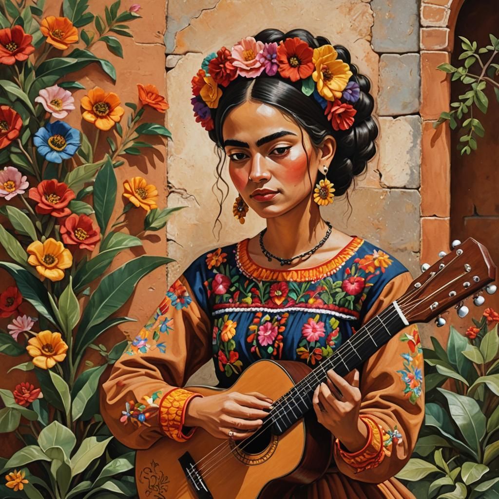 Mexican Girl in Frida Kahlo Style Folk Art