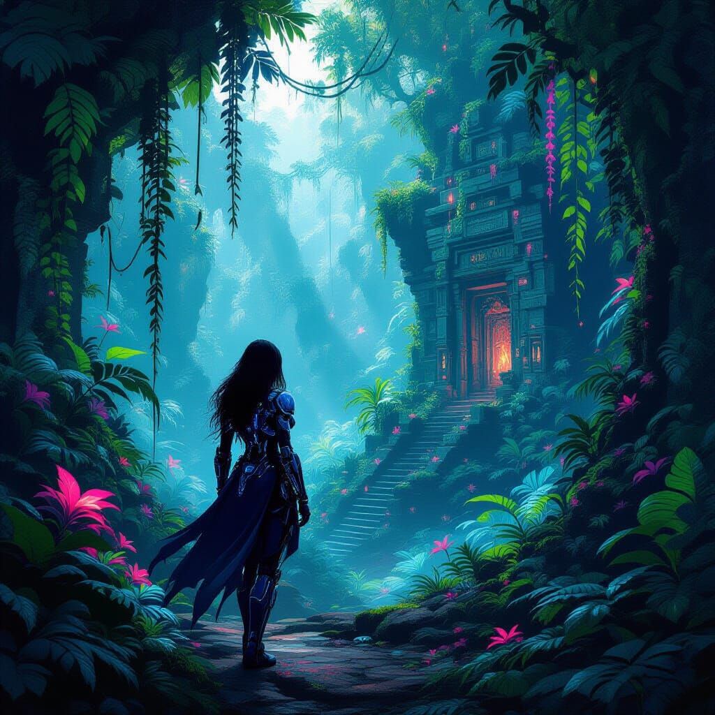 Cybernetic Heroine in Bioluminescent Jungle Digital Painting