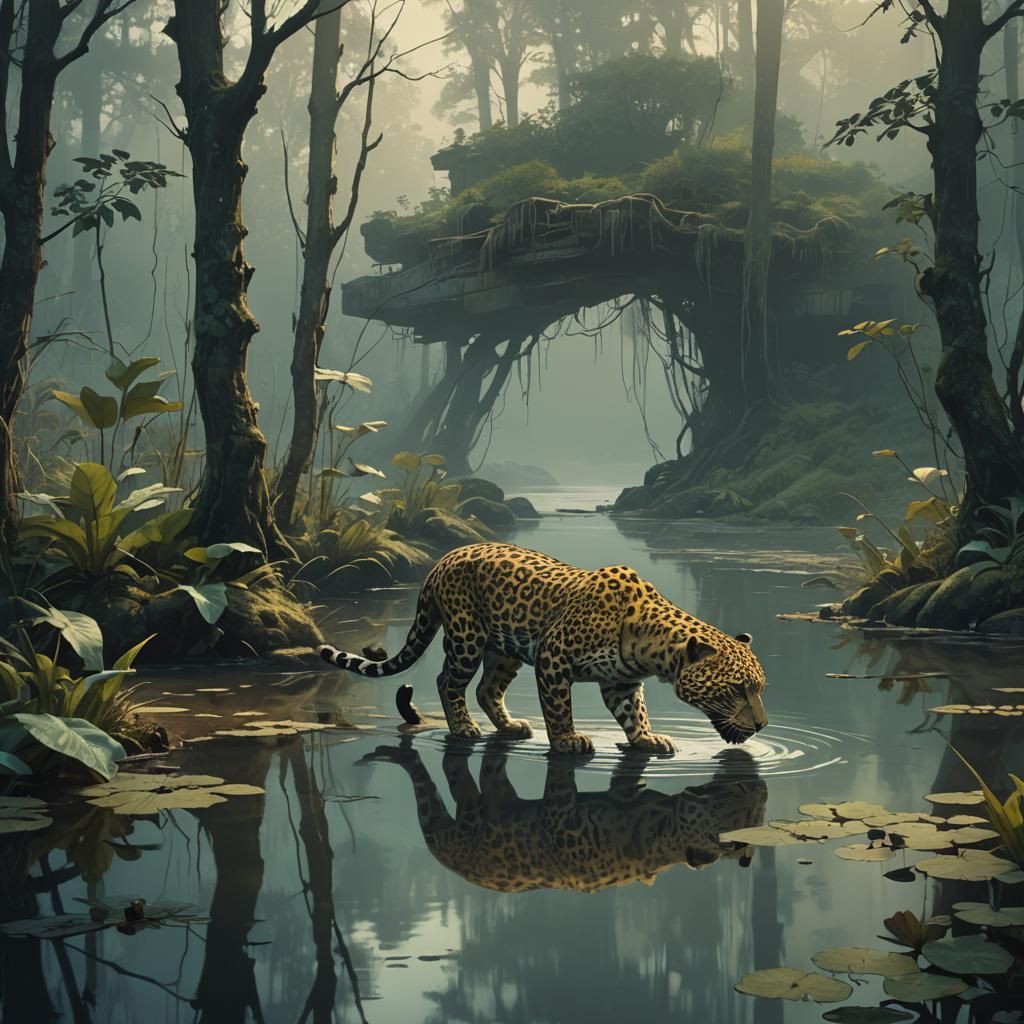 Leopard and Cub at River's Edge: Matte Painting