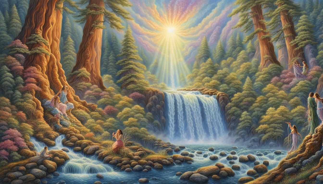 Nymphs Bathing by Raging Waterfall in Redwood Forest