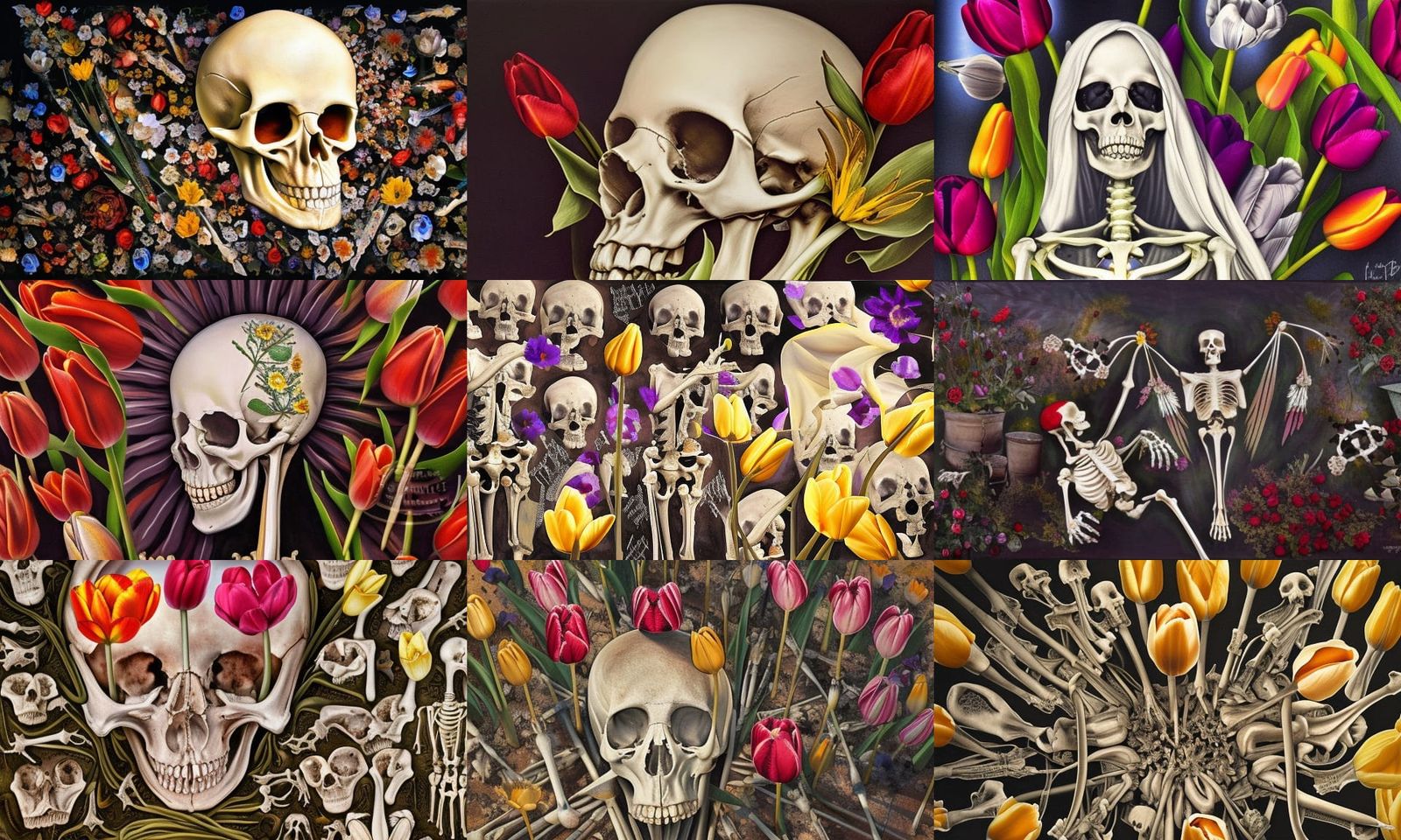 Tulips and Bones Photorealistic Oil Painting Collage