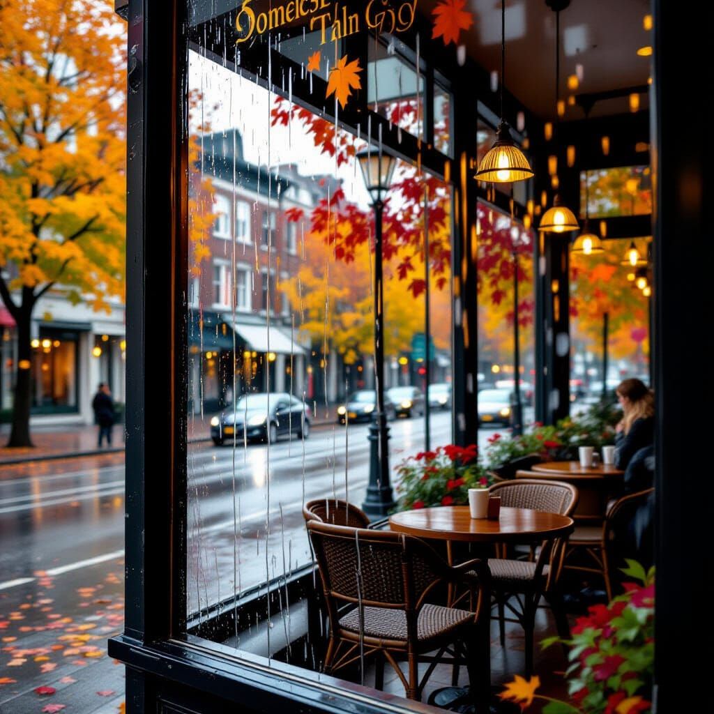 Autumn Rain Streaks Coffee Shop Window