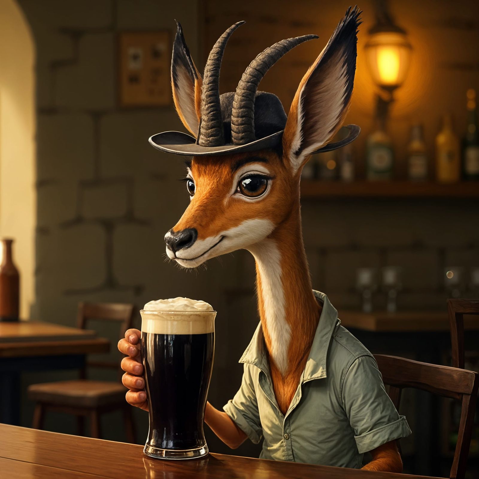 Surreal Springbok Orders Guinness in Whimsical Bar Scene