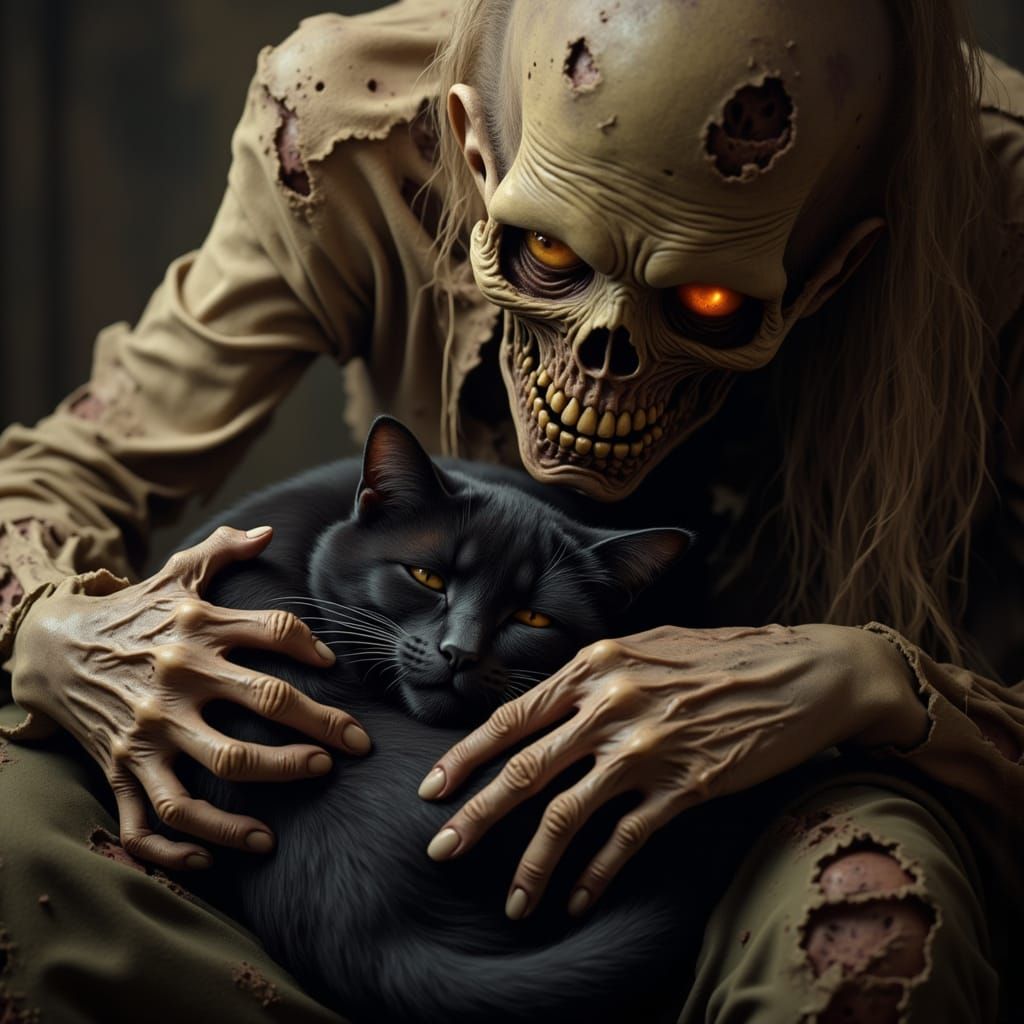 Serene Black Cat in Zombie's Lap, Petted by Decayed Hands