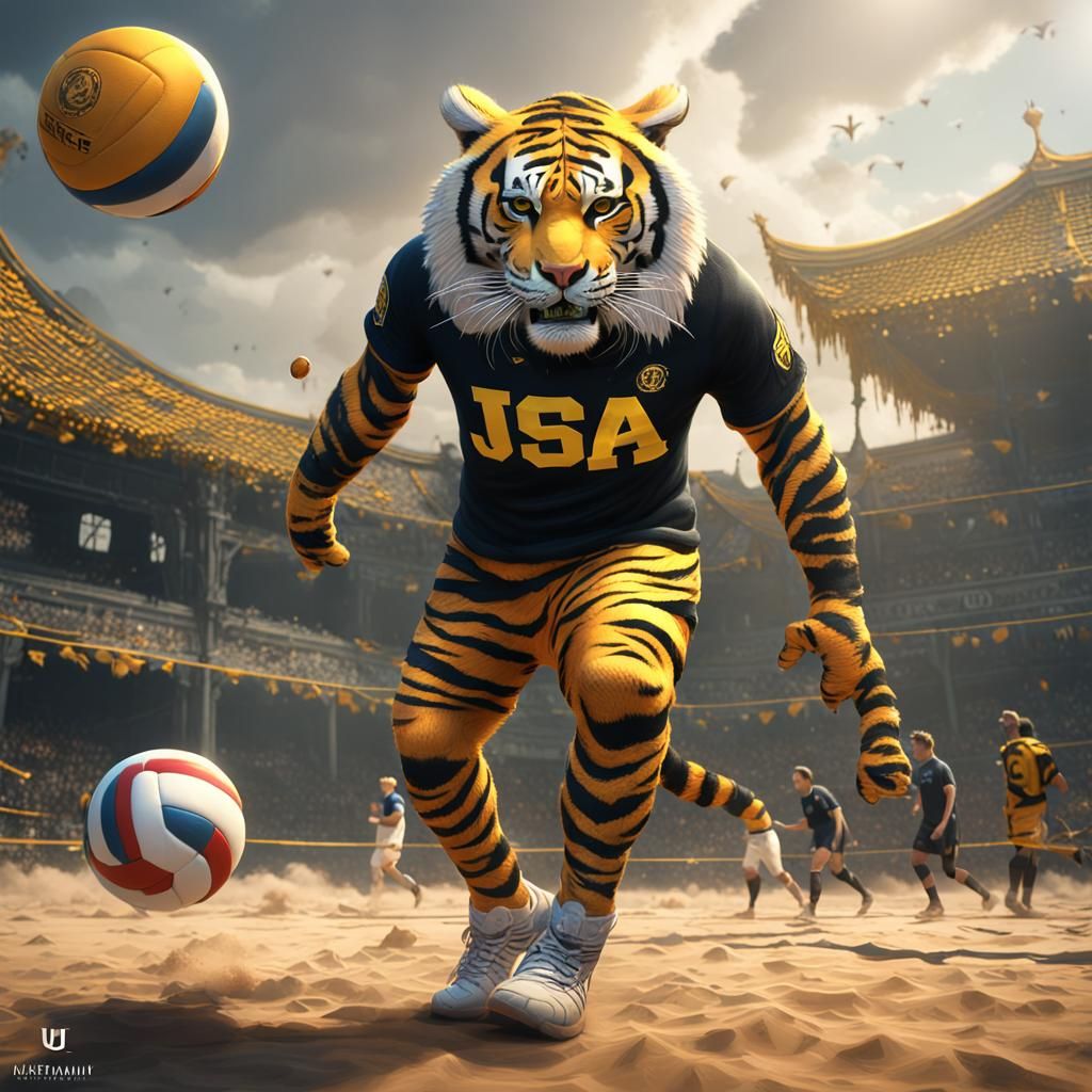 Determined Tiger Plays Volleyball: Detailed Matte Painting