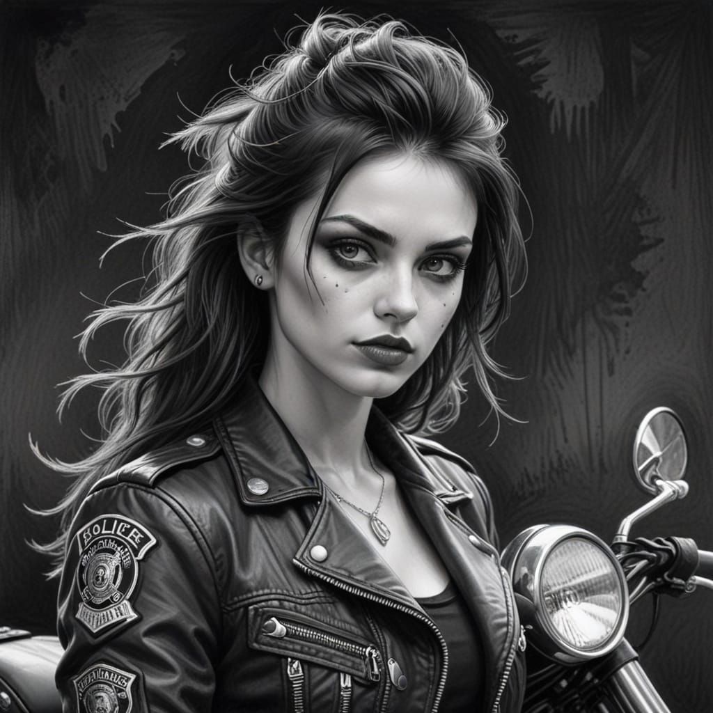 Grunge Goth Punk Woman: Black and White Pencil Portrait