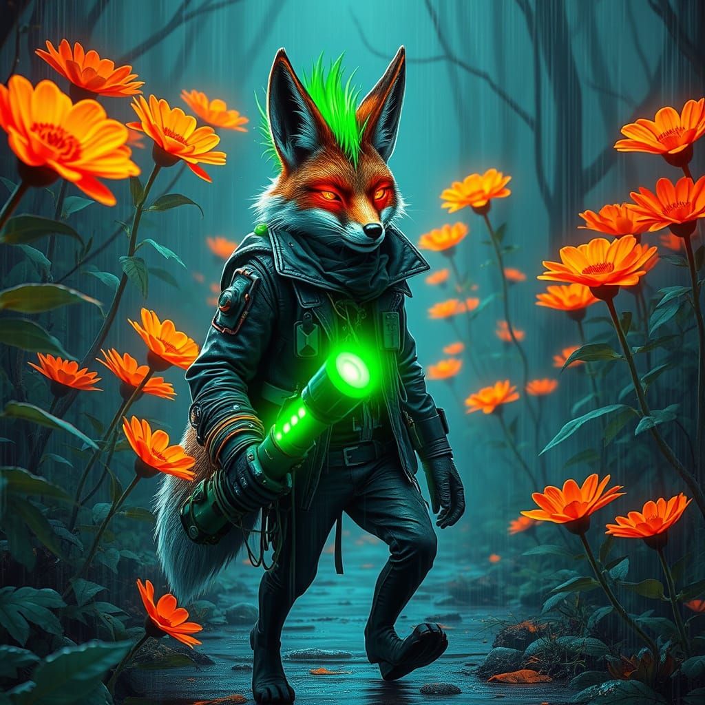 Cyberpunk Fox Striding Through Neon Forest