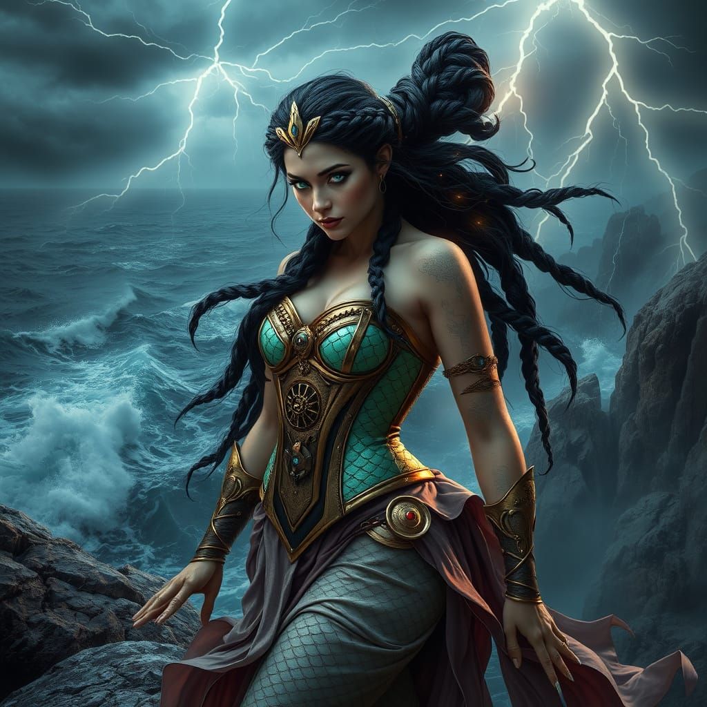 Steampunk Siren on Stormy Cliff