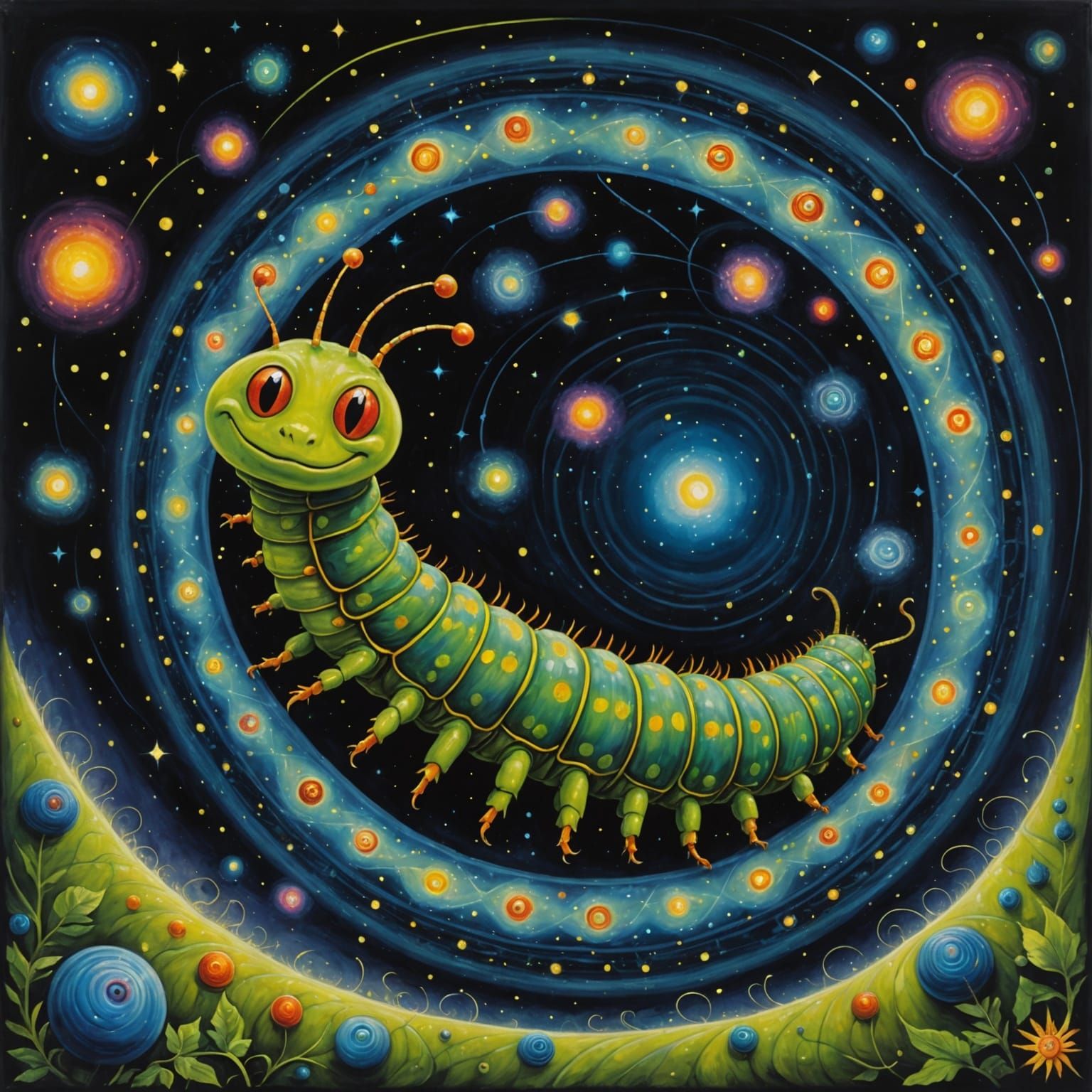 Excited Caterpillar in Space: Pre-Raphaelite Painting