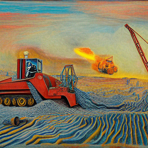 Surrealist T-Rex Bulldozer Diorama in Muted Earth Tones