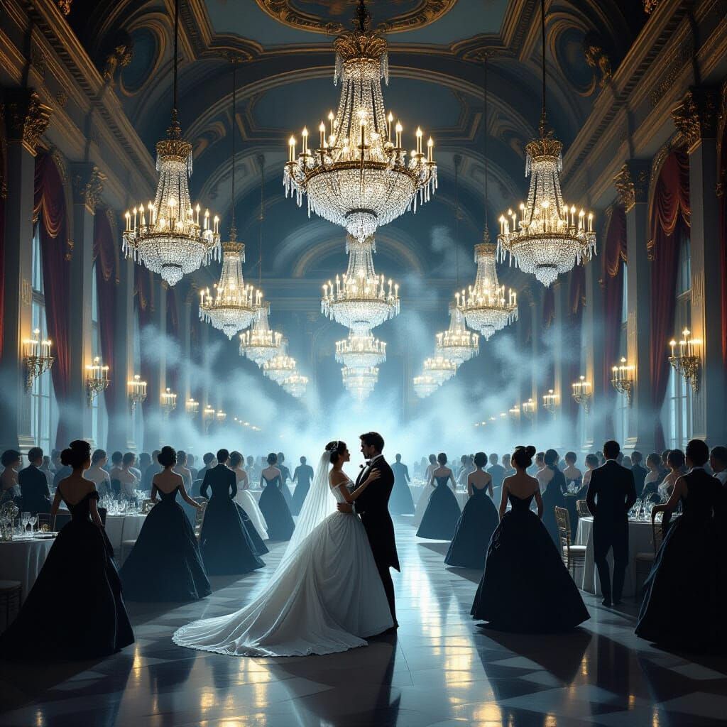 Opulent Ballroom with Spectral Figures in Oil Painting Style