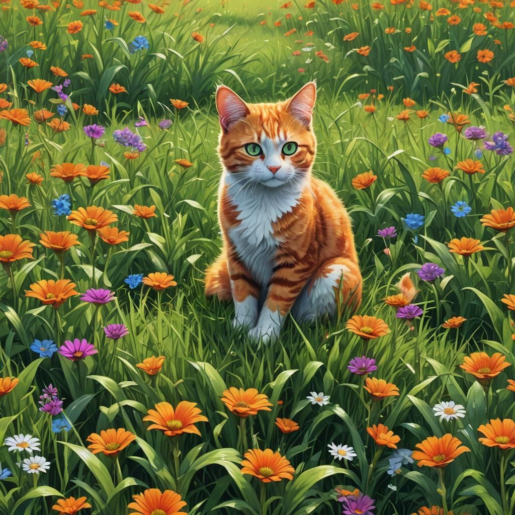 Orange Cat in Lush Field, Fantasy Concept Art