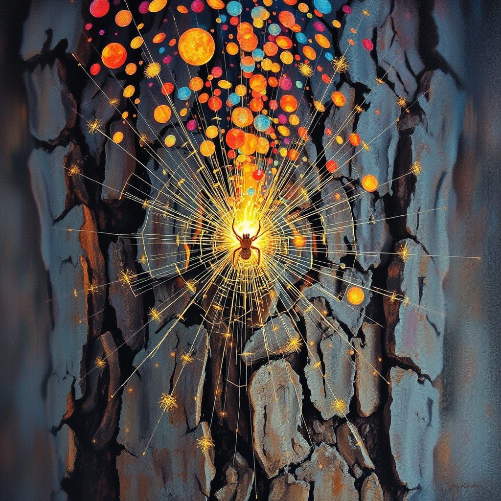 Vibrant Fire Illuminates Spider's Silk Amidst Kaleidoscope o...