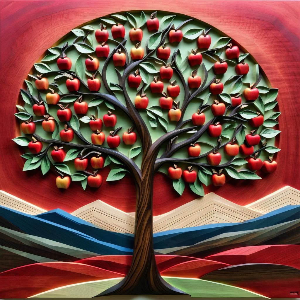 Harvest Apple Tree Wood Carving in Ishioka Style