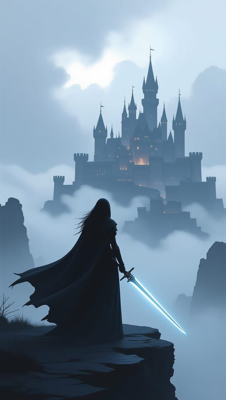 Ethereal Warrior Silhouette Reigns Over a Mystical Cityscape