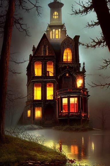 Floating Victorian House in Dark Woods, Ghibli Style