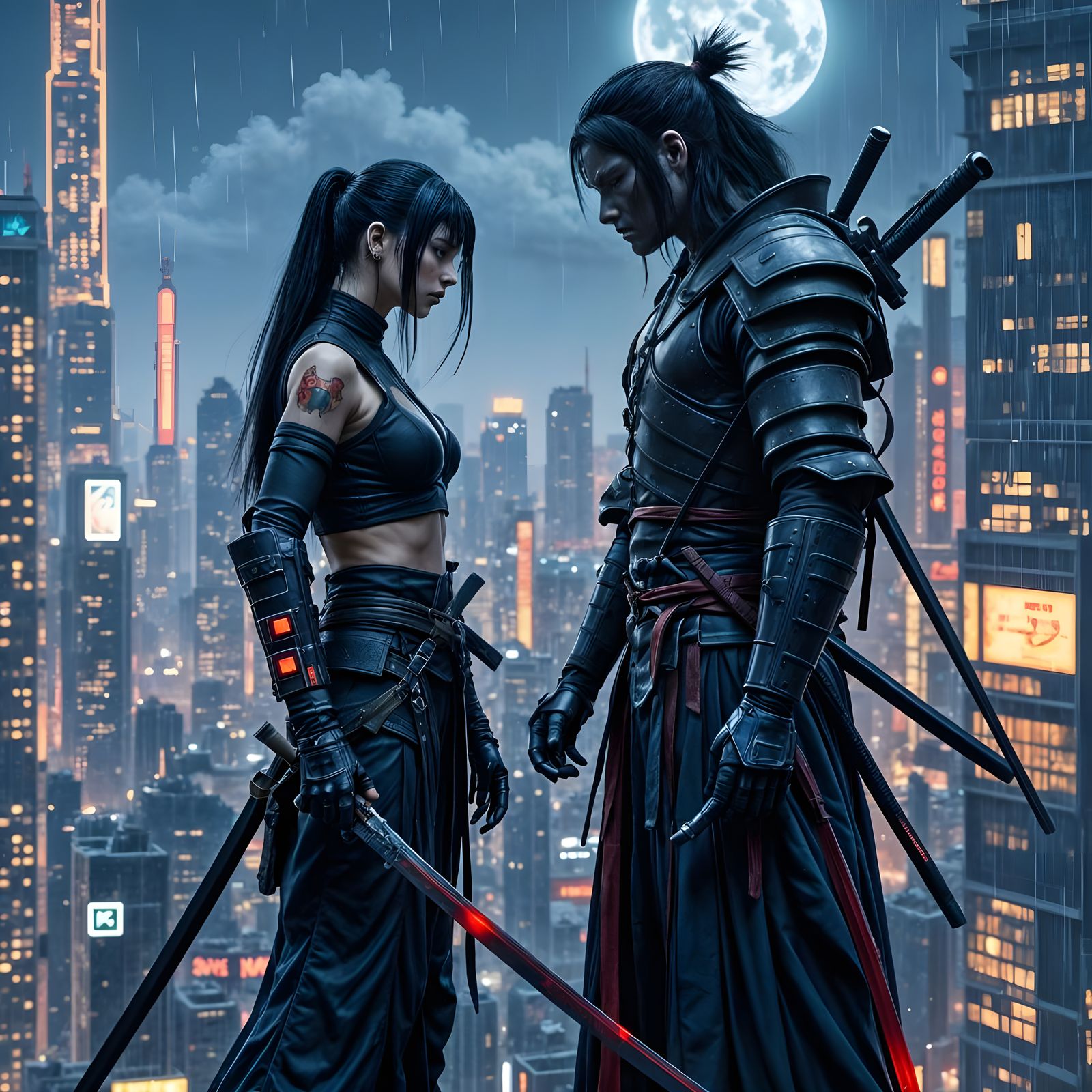 Cyberpunk Samurai and Ninja Overlook Neon Metropolis