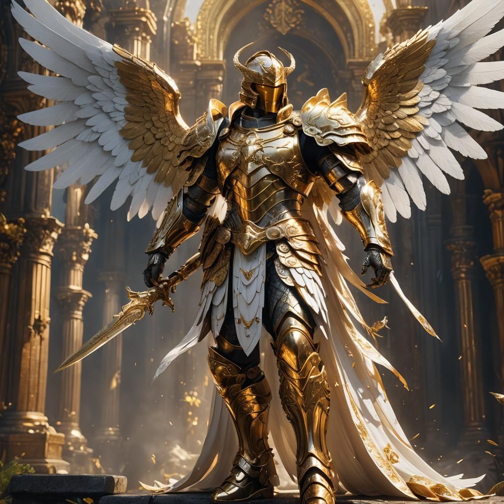 Heavenly Angel in Golden Armor and Wings