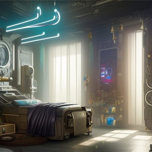 Cyberpunk Steampunk Bedroom Interior in Hyperrealistic Style