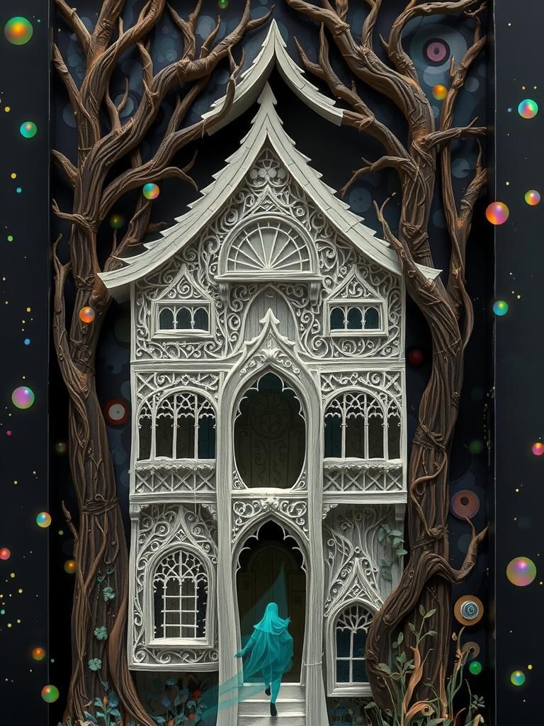 Ethereal Figure in Paper Cutout Forest, Mixed Media