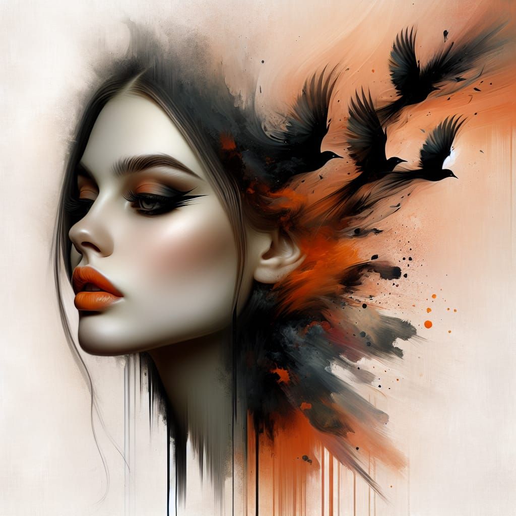 Dreamlike Surreal Portrait with Birds in Flight