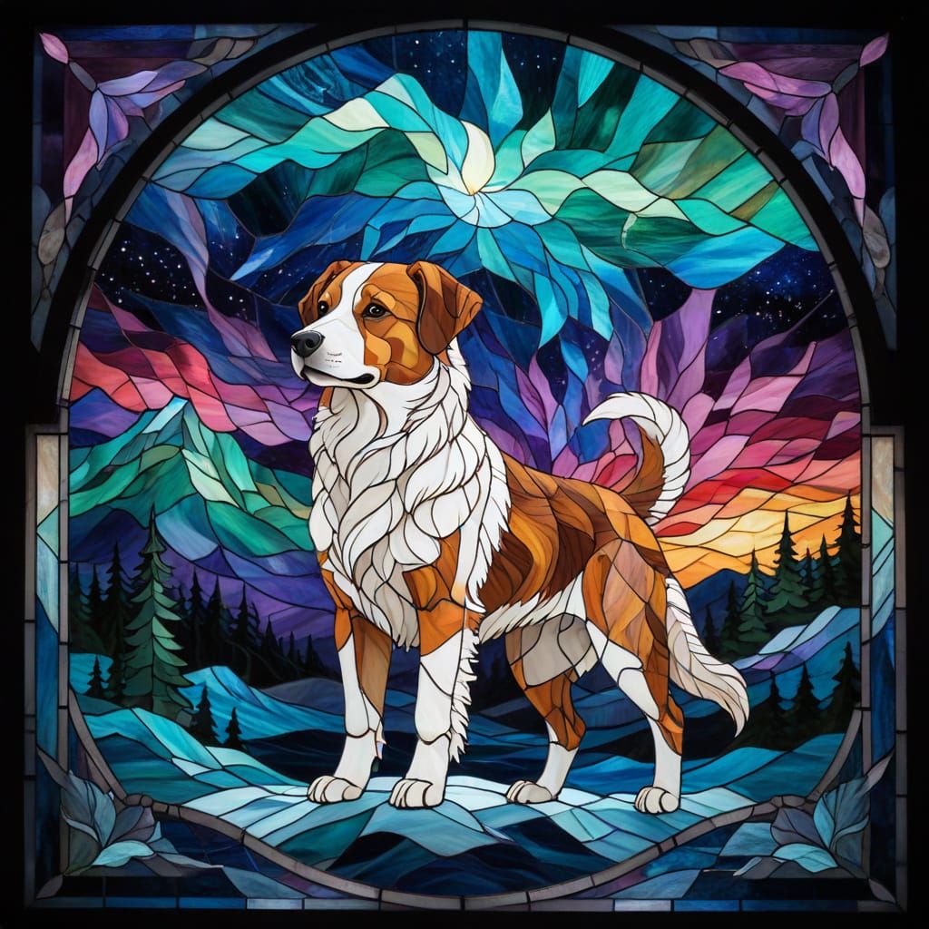 Vibrant Stained Glass Scene with Geometric Patterns and Nort...