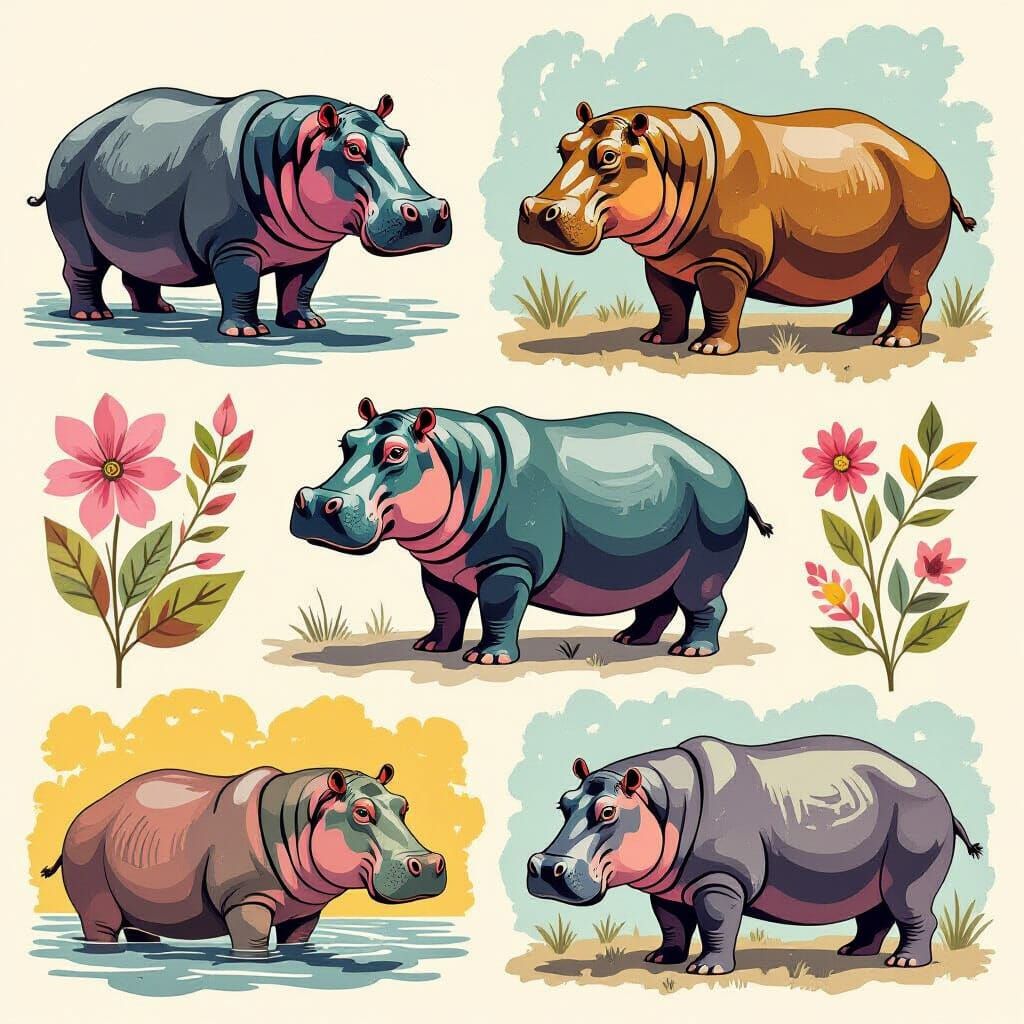 Vibrant Mixed-Media Collage of Hippos