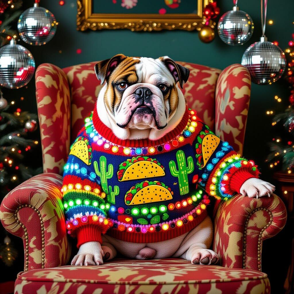 Grumpy Bulldog in Flashing LED Christmas Sweater