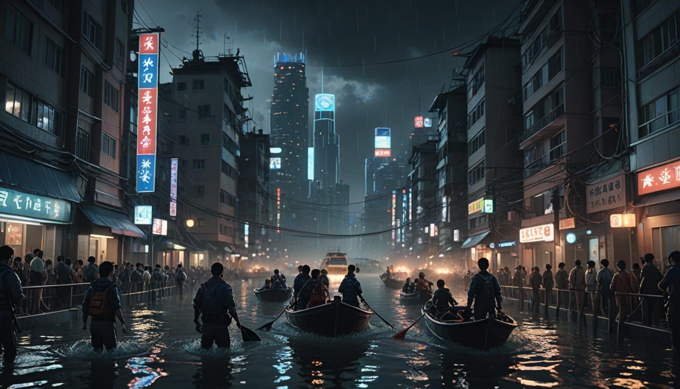 Flooded City in Anime Style with Rescue Boats
