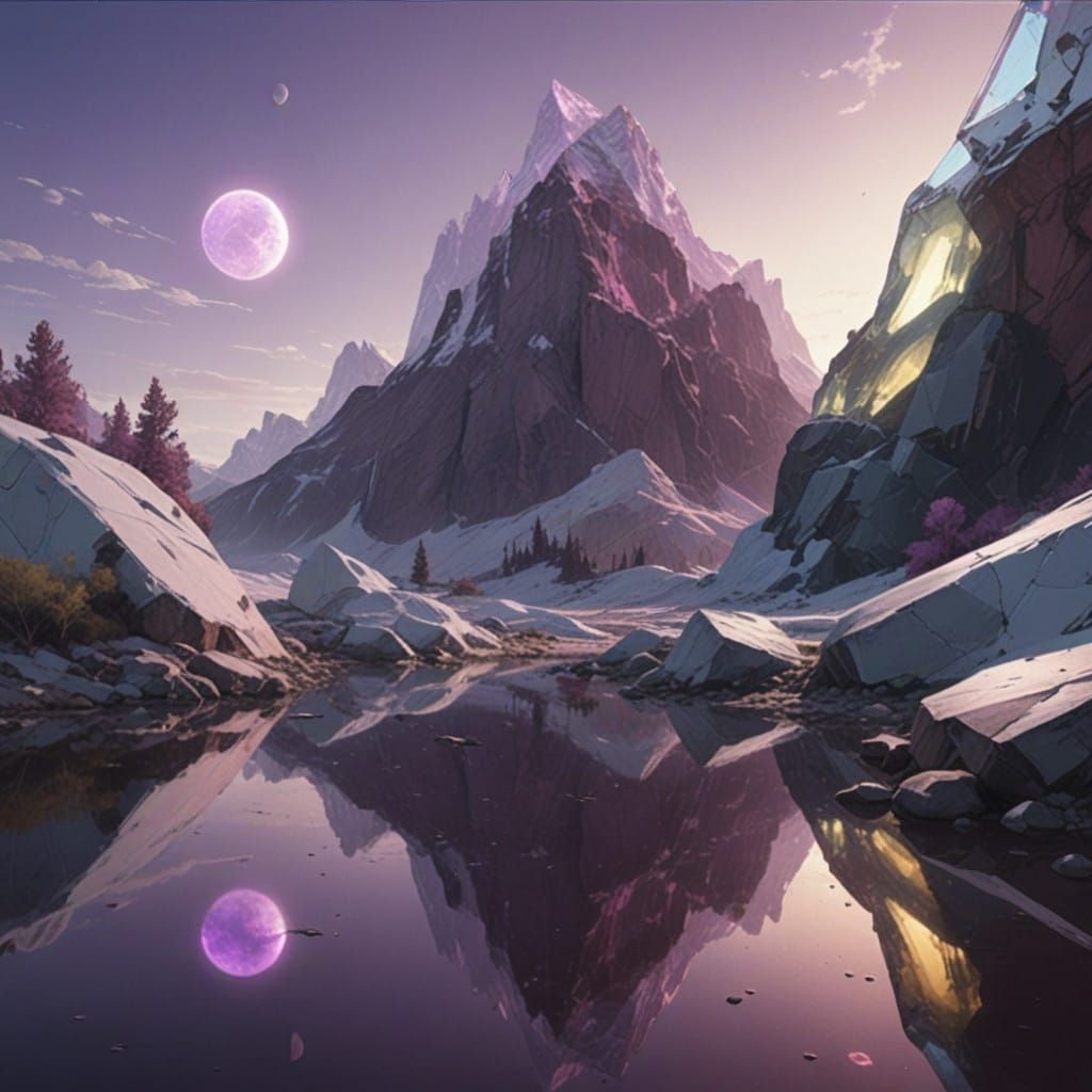 Glass Mountains Reflected in Pink River under Vibrant Purple...