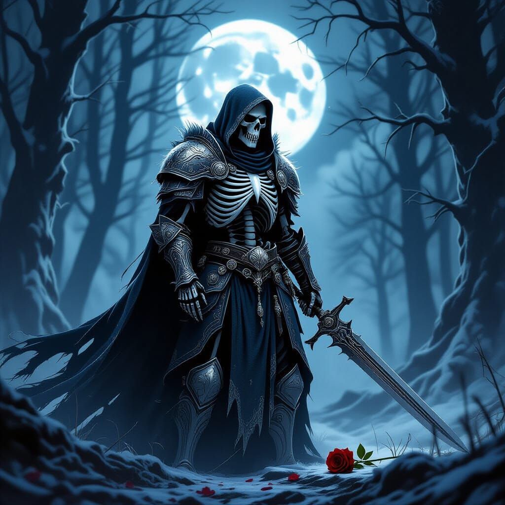 Skeleton Knight in Gothic Armor at Dark Forest Edge