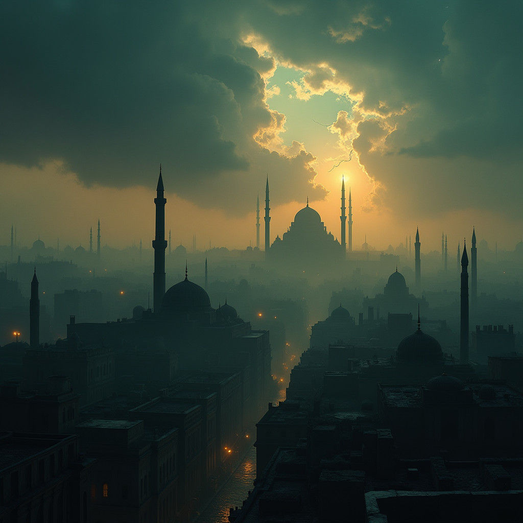 Stormy Cairo Cityscape in Gustave Doré Style