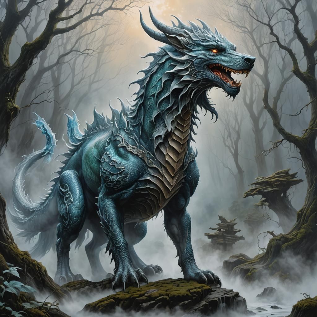 Ethereal Dragon Wolf in Acrylic Painting Style