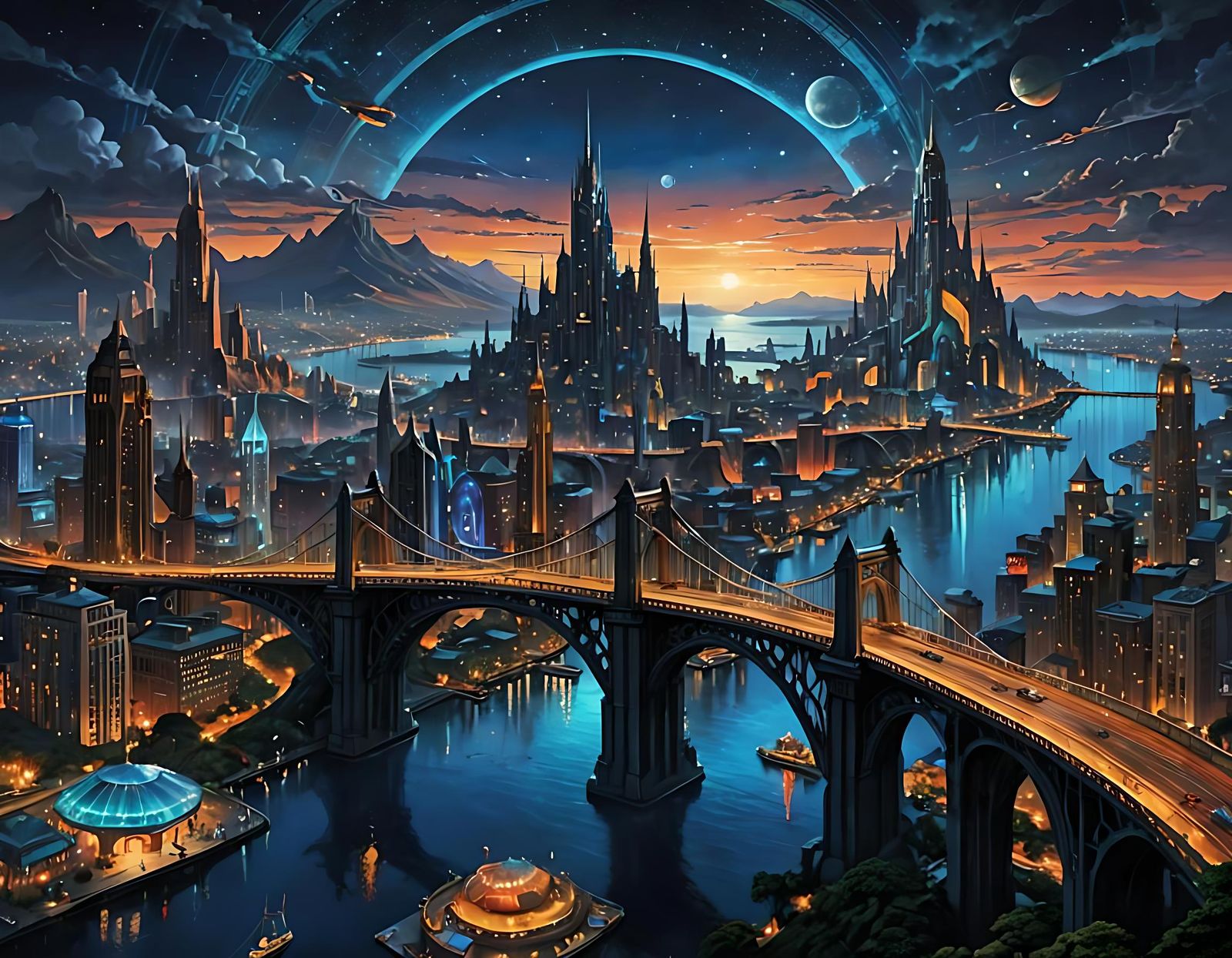 Dystopian Cityscape with Fantasy Gothic Architecture
